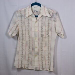 Spire Button Down Shirt Mens Small Cream 70s Vintage Disco Collar Abstract Retro